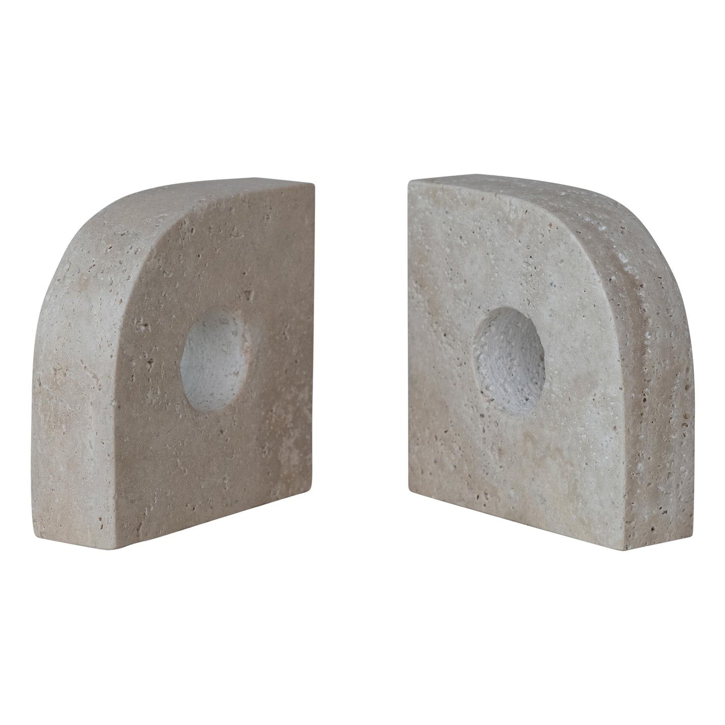 Bloomingville 2-Piece Travertine Bookends with Circle Cut-Outs, Beige