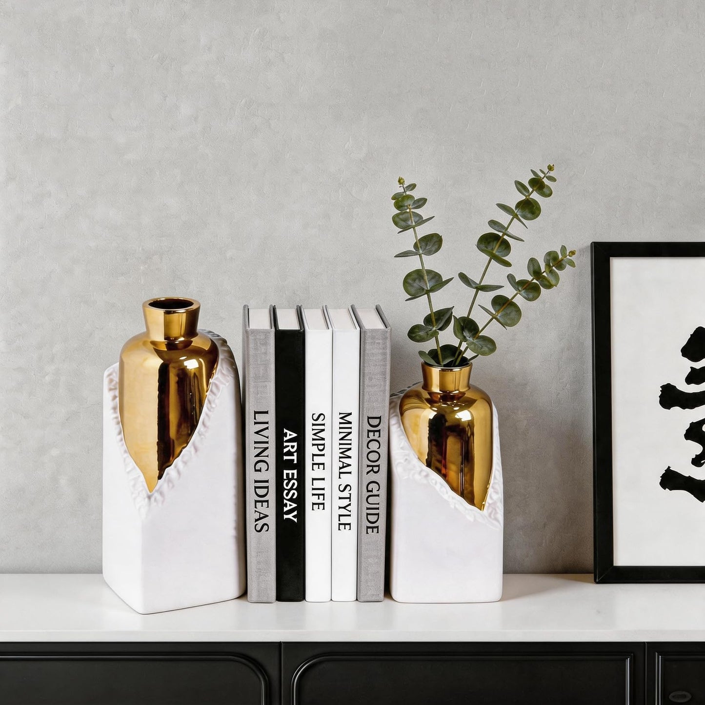 Iryanthos White and Gold Ceramic Vase Set, Modern Home Decor Flower Vases, 2-Piece Bud Vase for Living Room, Wedding & Hotel Dining Table Centerpieces, Fireplace or Bookshelf, 8.6" & 10.8" H