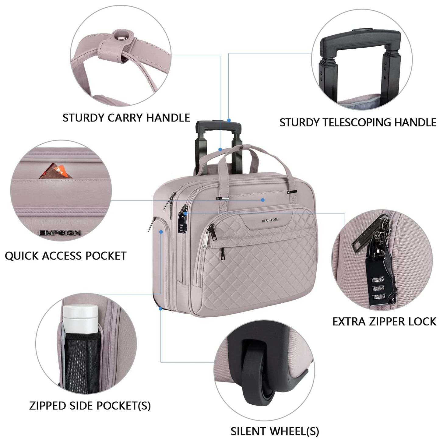EMPSIGN Rolling Laptop Bag for Women - Wheeled Briefcase Fits Up to 15.6 Inch Laptop, Water-Repellent Overnight Computer Bag with RFID Pockets, Dusty Pink