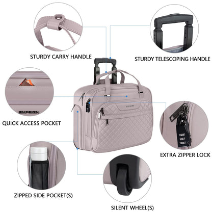 EMPSIGN Rolling Laptop Bag for Women - Wheeled Briefcase Fits Up to 15.6 Inch Laptop, Water-Repellent Overnight Computer Bag with RFID Pockets, Dusty Pink