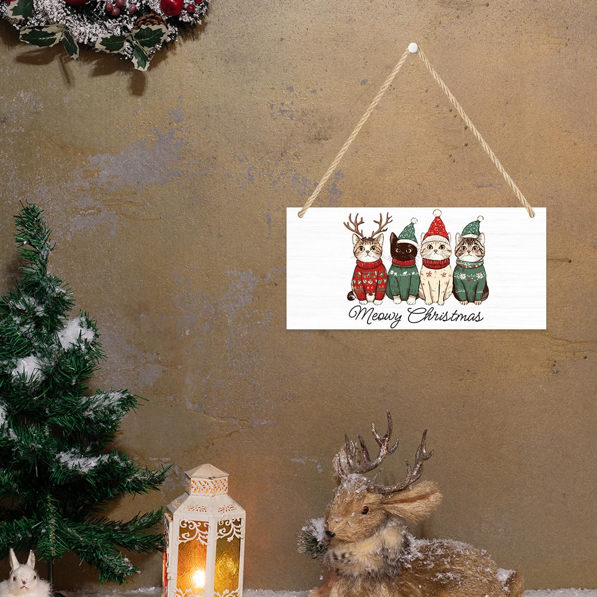 Cute Christmas Cats Decor Merry Christmas Sign Cat Lover Gifts Xmas Tree Party Decoration Winter Decoration Wooden Signs Rustic Hanging Plaque Home Wall 12 x 6 inches