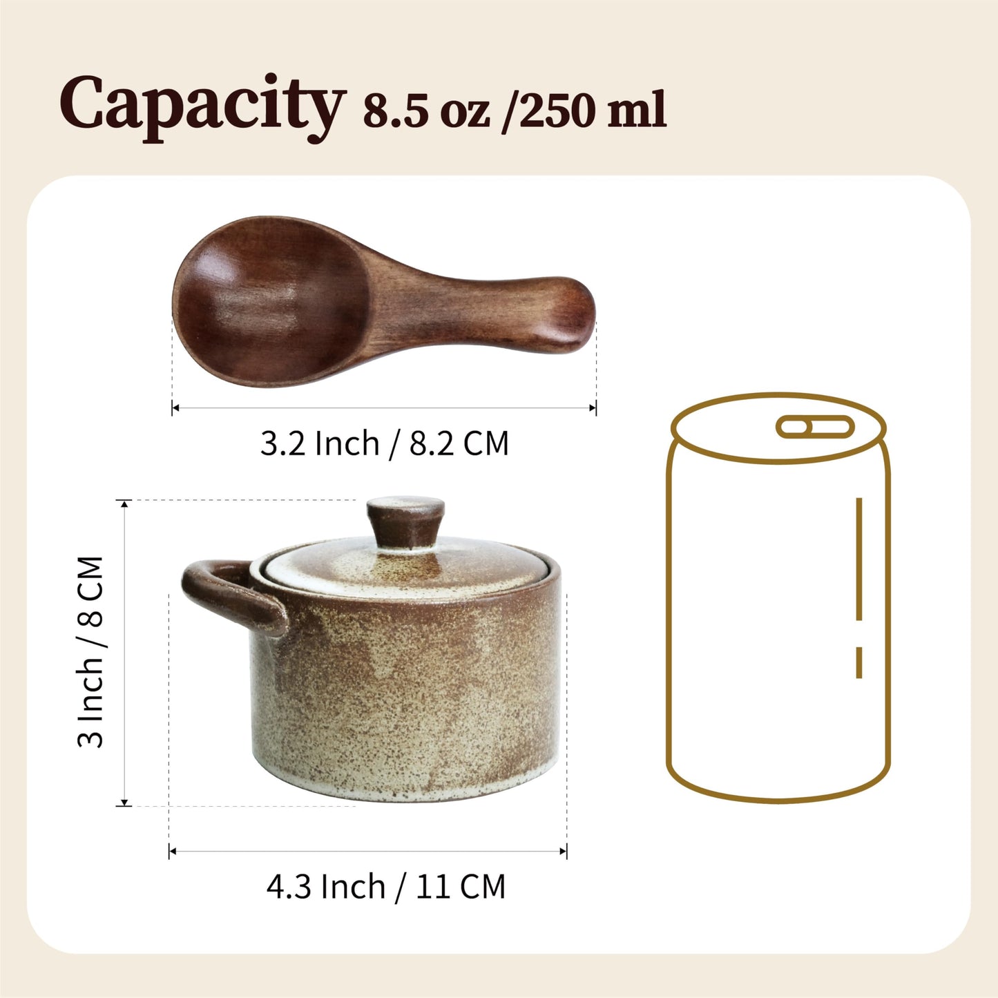 seicasaya Handcrafted Speckled Ceramic Salt Cellar with Wooden Spoon, Rustic Vintage Spice Jar, Dishwasher Safe, 8.45 fl oz (Peckled Ceramic set of 2)