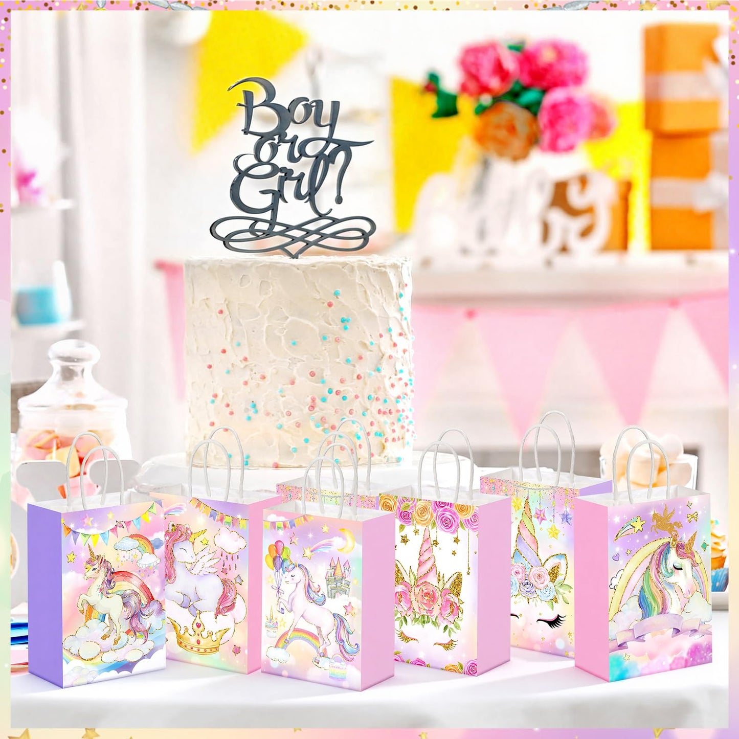 Kolldenn 48 Pcs Unicorn Party Favor Bags for Birthday Party Supplies Cute Unicorn Gift Goodie Paper Bags with Handles Rainbow Goody Treat Candy Pouch‌ for Girls Birthday Baby Shower Decorations