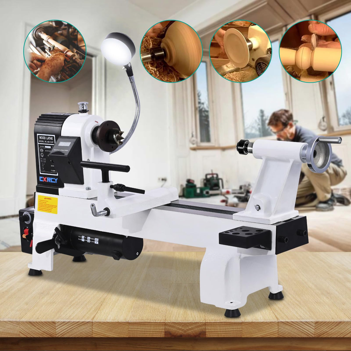 CXRCY 12" x 18" Wood Lathe, Powerful Benchtop Wood Lathe Machine 3/4 HP Infinitely Variable Speed 650-3800 RPM with Lathe Belt & Goggle for Woodworking, Woodturning (Model:WL460-12VF)