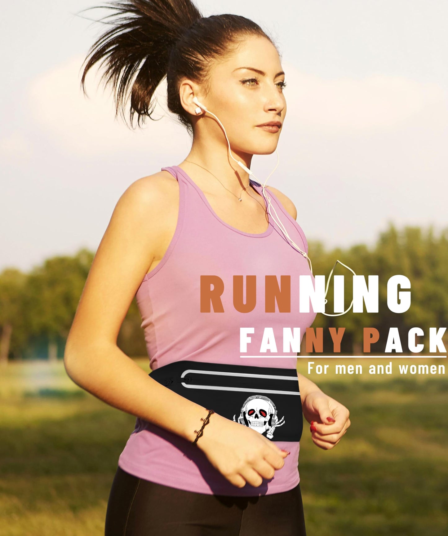 Music Skull Running Belts for Women and Men,Runner Waist fanny pack Wallet Holder,Waterproof Reflective phone holder,Cool Rock Skeleton Fitness Belt with 3 Zipper Pockets,Marathon Cycling Gear Gift