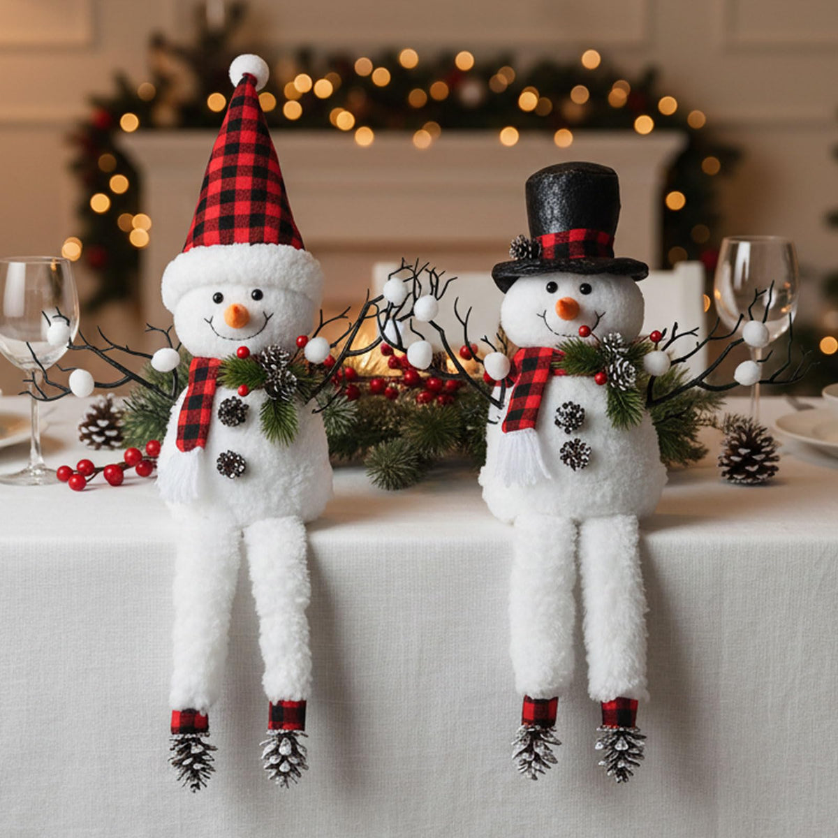 2 Pack Christmas Table Decorations, 18" Lighted Plush Snowmen Christmas Trees with Pine Cone Twigs, Light Up Snowman Holiday Present, Battery Operated Xmas Gifts Tabletop Ornaments (Black and Red)
