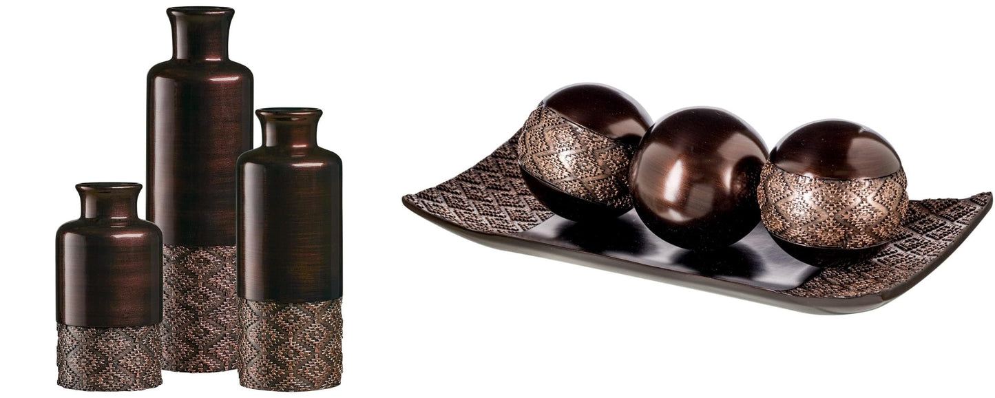 Creative Scents Dublin Brown Centerpiece Tray with Three Matching Orbs and A Set of Three Vases – Perfect for Table Decor in The Living Room Or Dining Room Or Coffee Table Decor