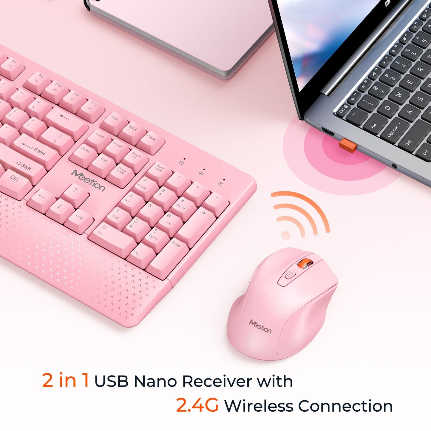 MEETION Wireless Keyboard and Mouse, Full-Sized Cordless Keyboard with Wrist Rest and 3 DPI Adjustable Mouse, Keyboard and Mouse Set with 2.4GHz USB Receiver, for PC/Computer/Laptop/Windows/Mac, Pink