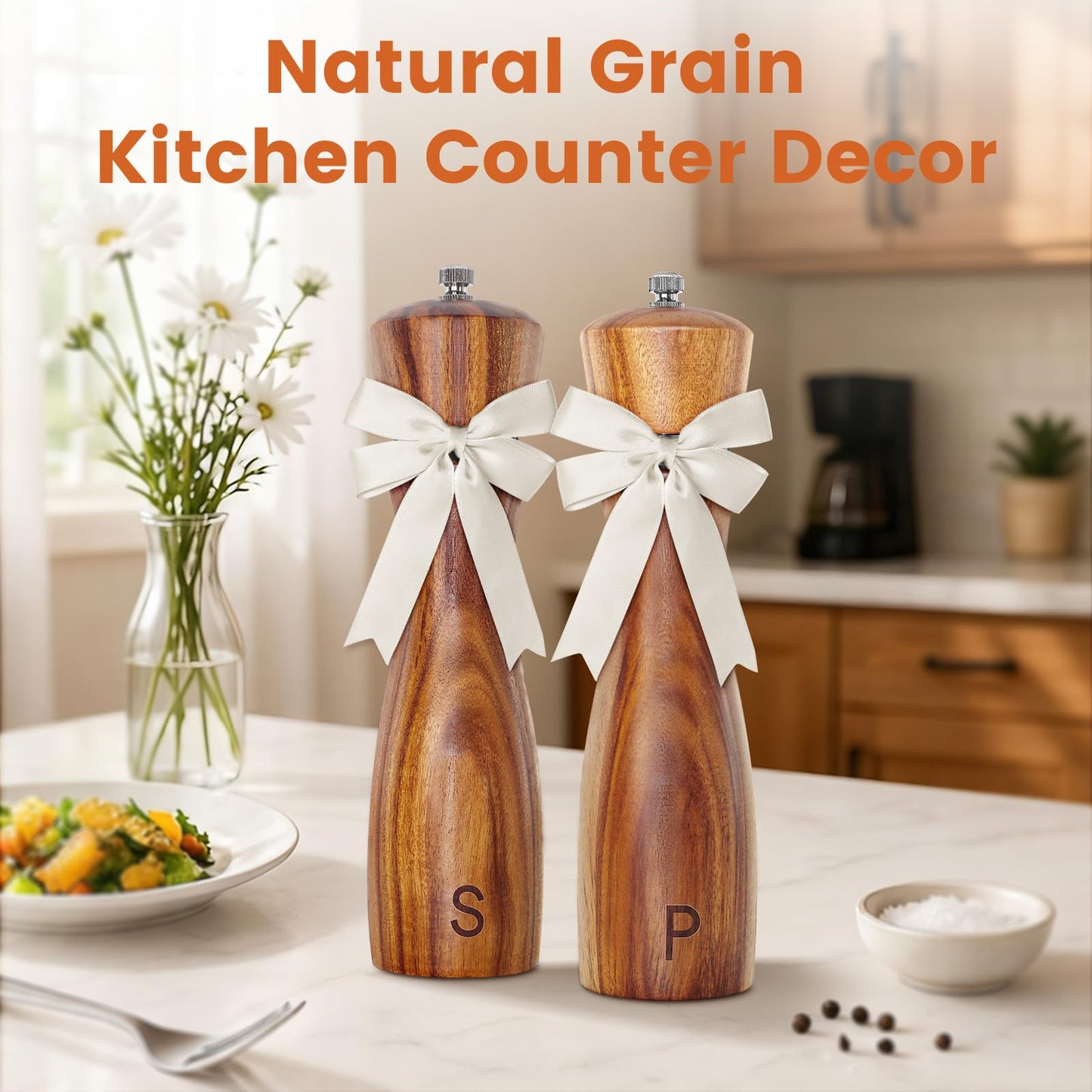 DZDOV Wedding Gifts for Couples 2026: Acacia Wood Salt and Pepper Grinder Set with Bow Design - Kitchen Counter Decor
