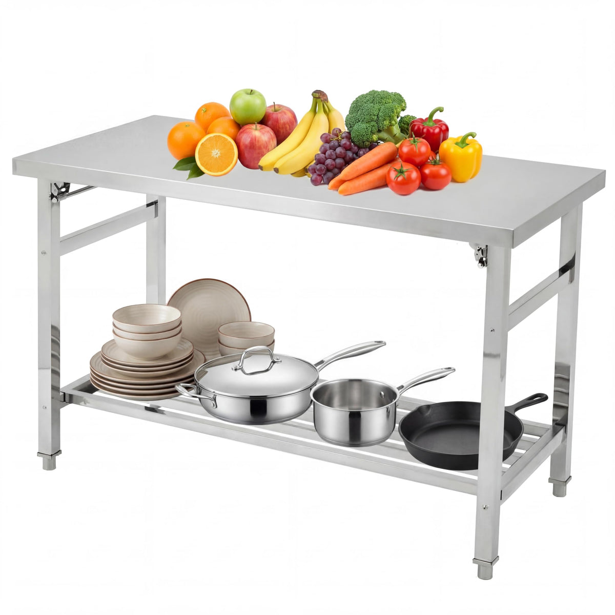 Garvee 60" x 24" Stainless Steel Folding Prep Table, Heavy Duty Commercial Work Table with Adjustable Undershelf for Restaurant, Kitchen, Food Service, Space-Saving, No Installation Required