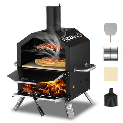 Pizzello Outdoor Pizza Oven Wood Fired 2-Layer Pizza Ovens 12" Outside Pizza Maker with Stone, Pizza Peel, Cover,Removable Cooking Rack for Camping Backyard BBQ (Black)