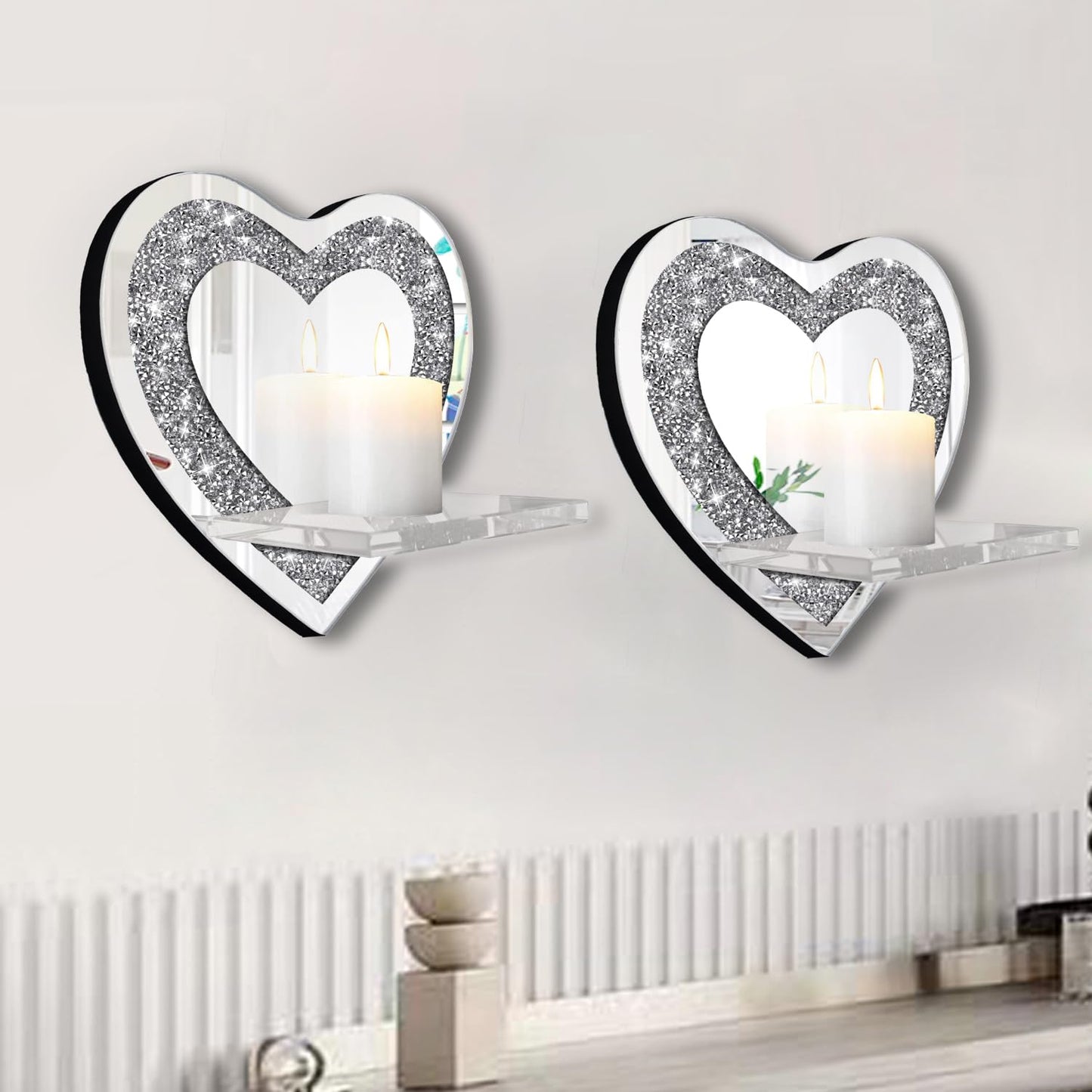 ZOLAPI Set of 2 Crystal Crush Diamond Candle Sconces, Gorgeous Silver Mirrored Wall Sconce, Candle Holder Glass Wall Decorations for Home Décor, Living Room, Dining Room.Heart Shaped