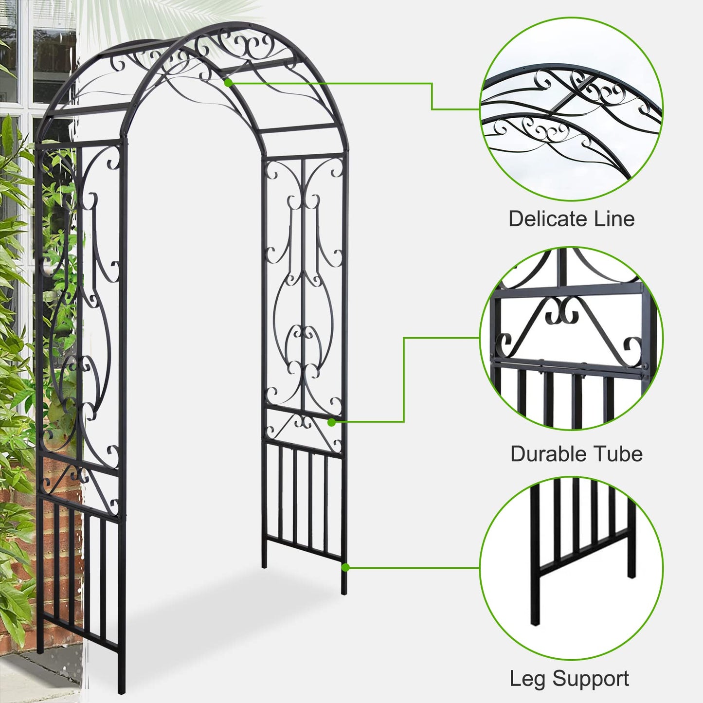 Peach Tree Outdoor Metal Garden Arch, 86.6" H x 44.1" W Iron Black Trellis Arbor Various Climbing Plant Growing Lawn Backyard