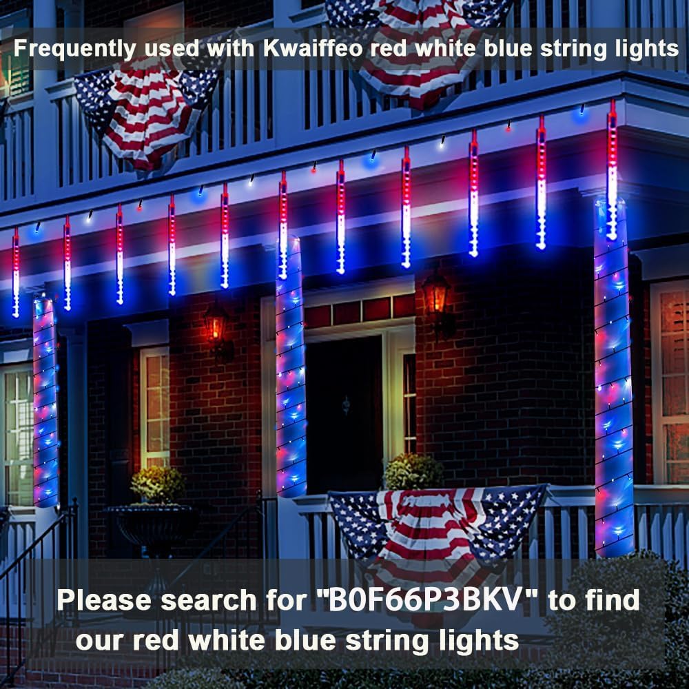 Kwaiffeo 4th of July Decorations Outdoor Red White and Blue Meteor Shower Lights for Patriotic Independence National Memorial Day Decorations, 24 Tubes(Equivalent to 3 Sets of 8-Tubes)
