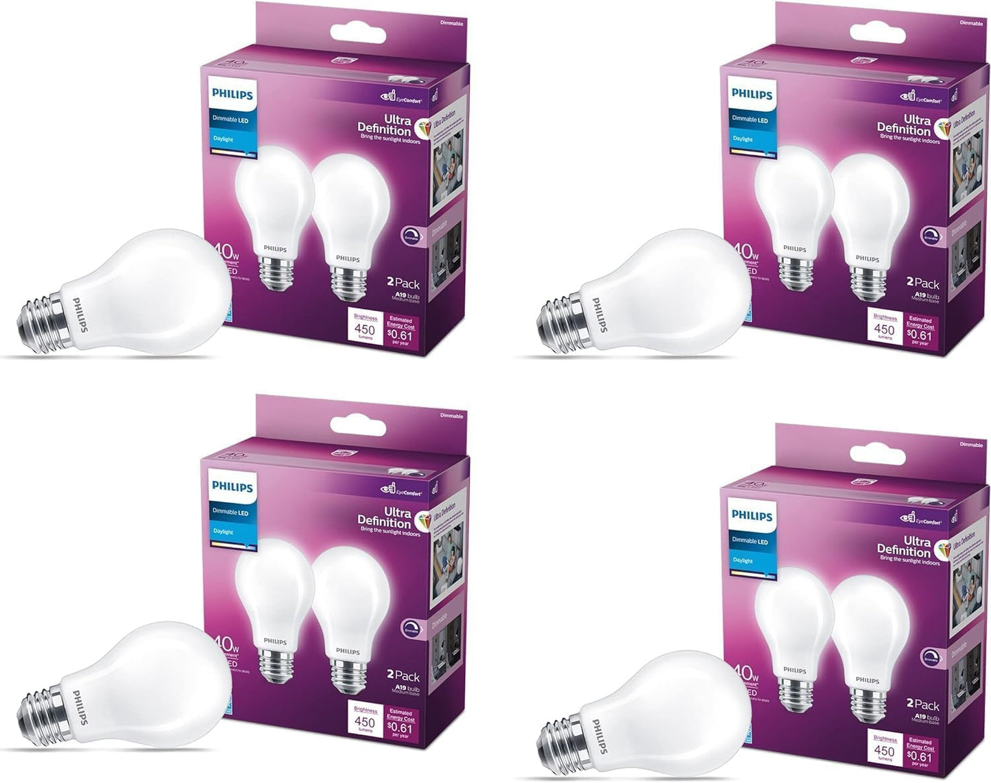 PHILIPS LED 75W A19 4-Pack Ultra Definition Daylight (5000K) 1100 Lumen (9W = 75W) Dimmable Frosted Flicker-Free Light Bulbs
