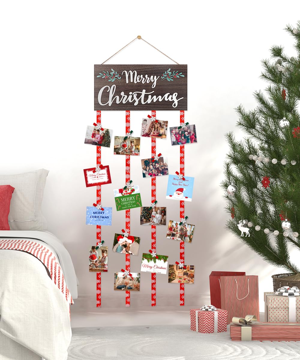 AKEROCK Christmas Card Holder Display, Christmas Wall Decor, Wooden Christmas Picture Frame with 30 Clips for Hanging Photos, Christmas Cards & Postcards, Xmas Holiday Wall Door Home Decor & Gift Idea