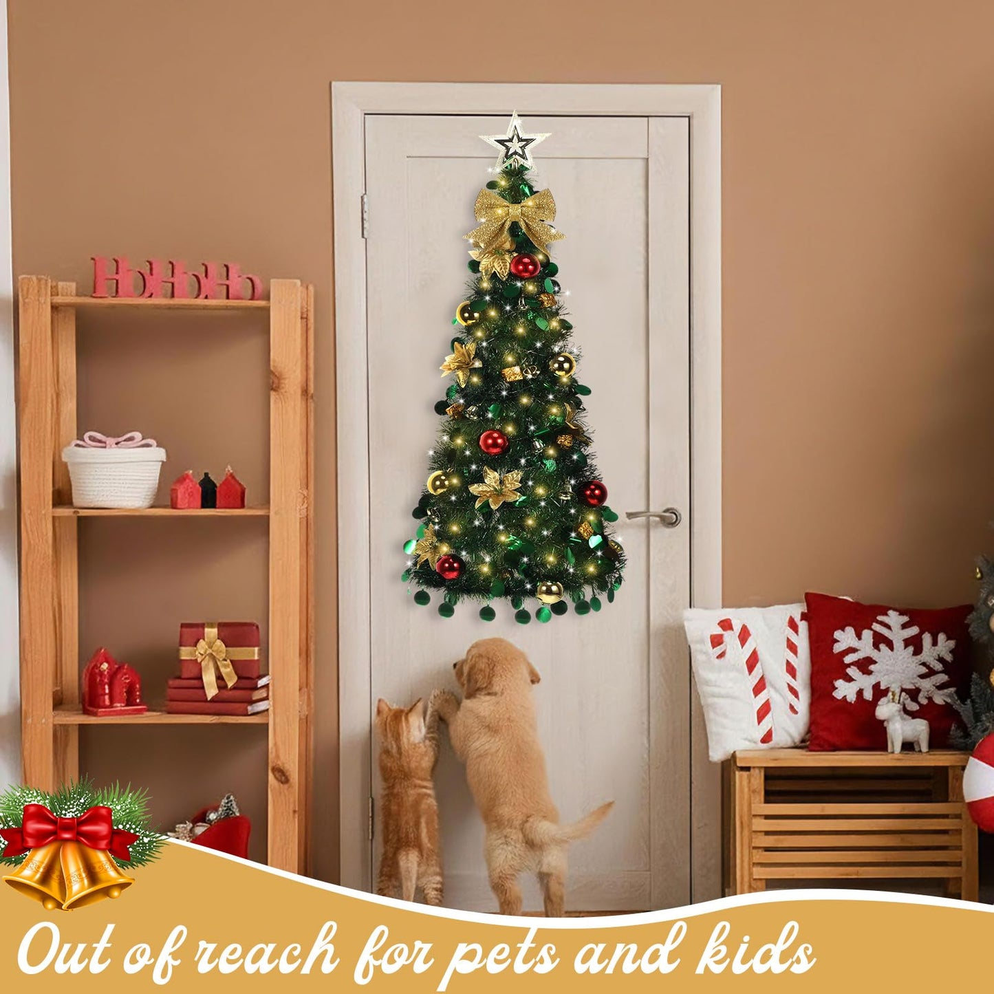 Suncalla Wall Christmas Tree with Lights 40inch, Artificial Wall Hanging Xmas Decoration with 50 LED String Lights, Saving-Space Door Hanging Xmas Tree Small Space Home School Office(Gold)