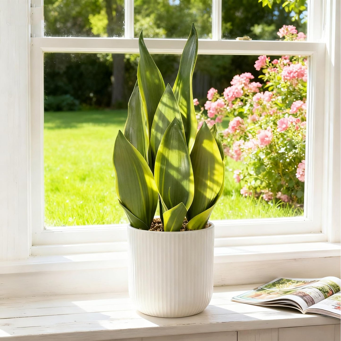 DUZYXI Artificial Realistic Snake Plant 16" with White Ceramic Pot Fake Snake Plants Sansevieria Greenery Faux Snake Plant for Home Office Living Room Housewarming Gifts Indoor Decor