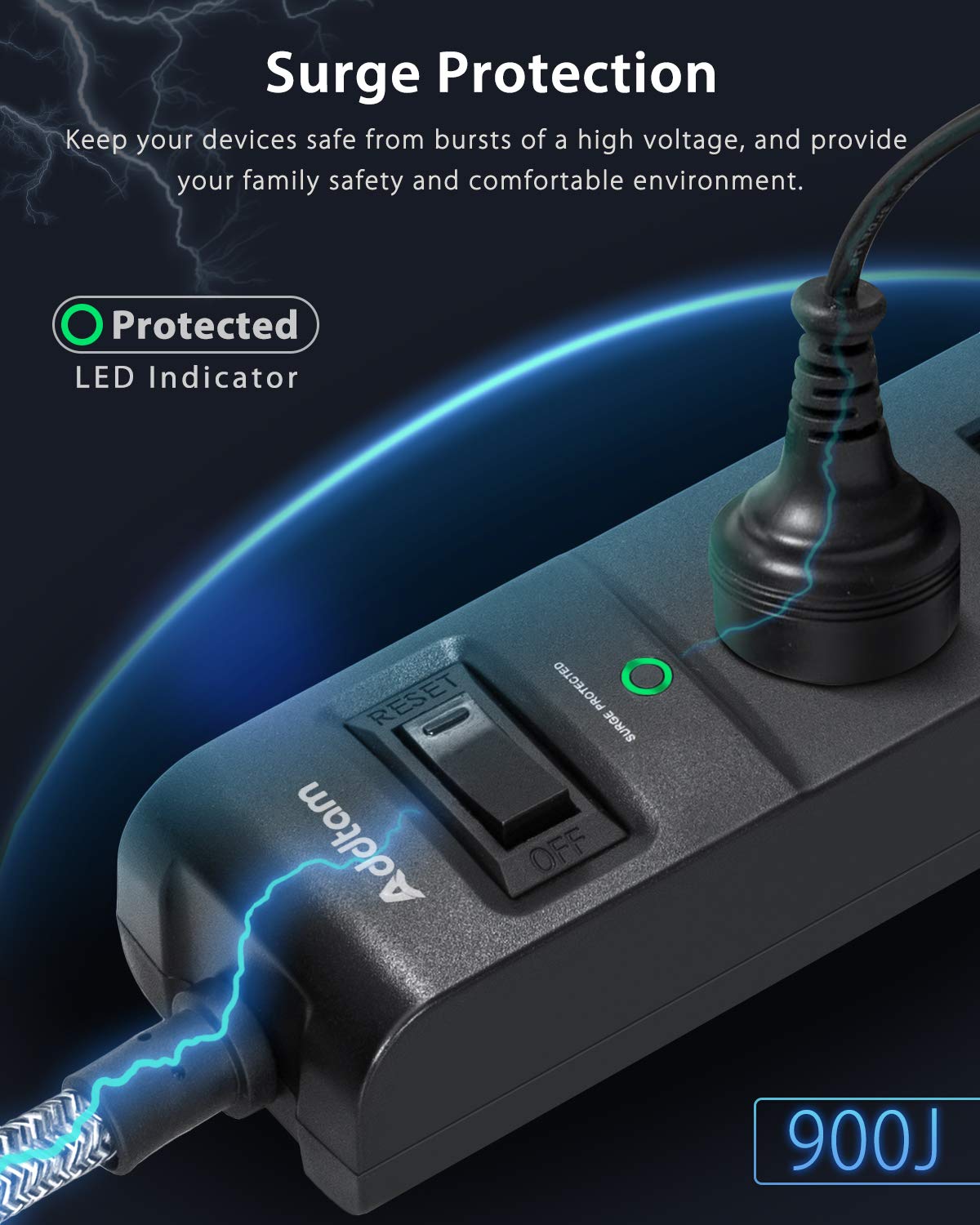 2 Pack Power Strip Surge Protector - 5 Widely Spaced Outlets 3 USB Charging Ports, 1875W/15A 6Ft Braided Extension Cord, Flat Plug Overload Protection, Wall Mount for Home Office Dorm Room Essentials