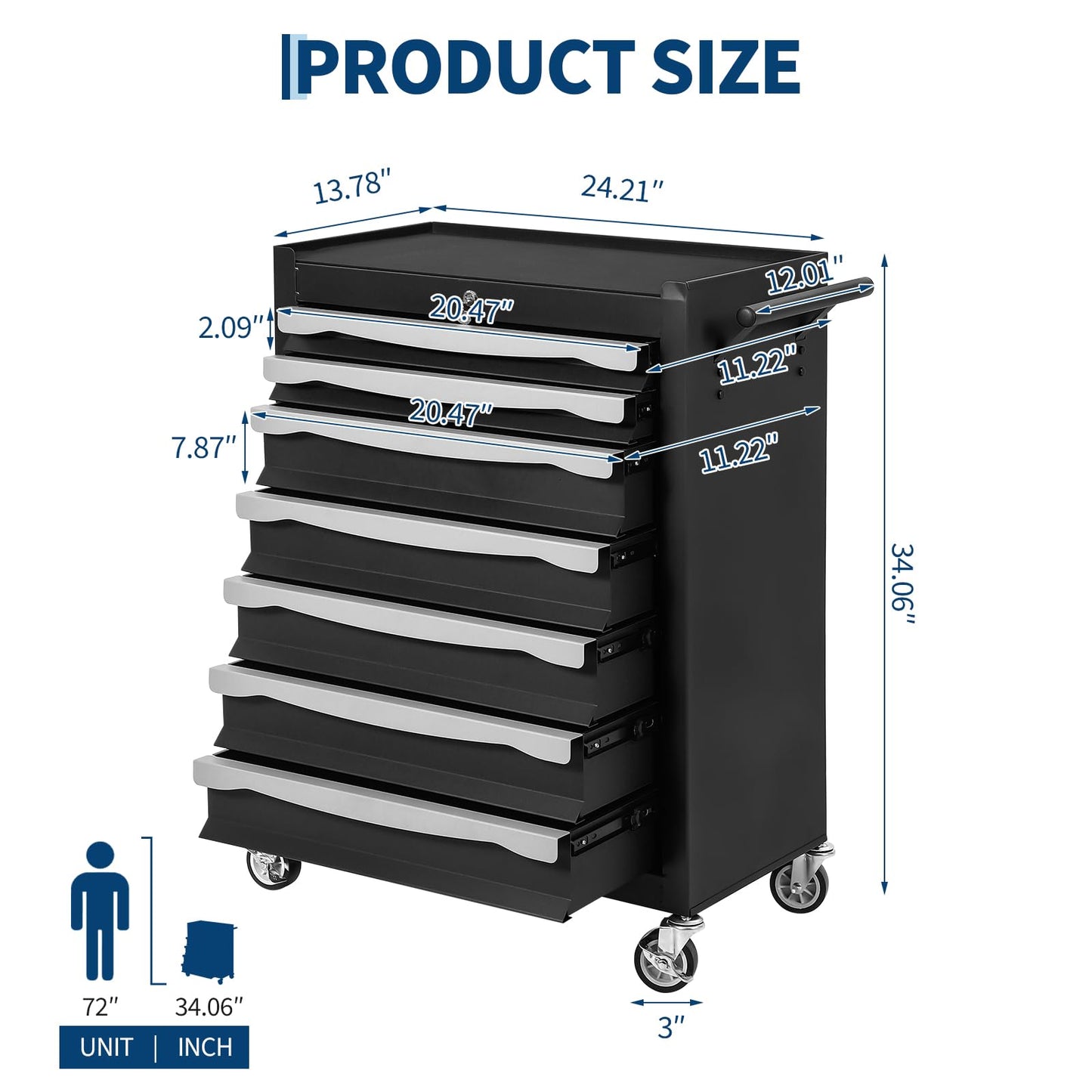 7-Drawer Tool Chest, Rolling Tool Cart, Large Capacity Tool Storage Cabinet with Keyed Locking and Drawer Liners, Link Buckle, and Can Be Combined to Large Cabinet Set, for Garage, Workshop, Warehouse