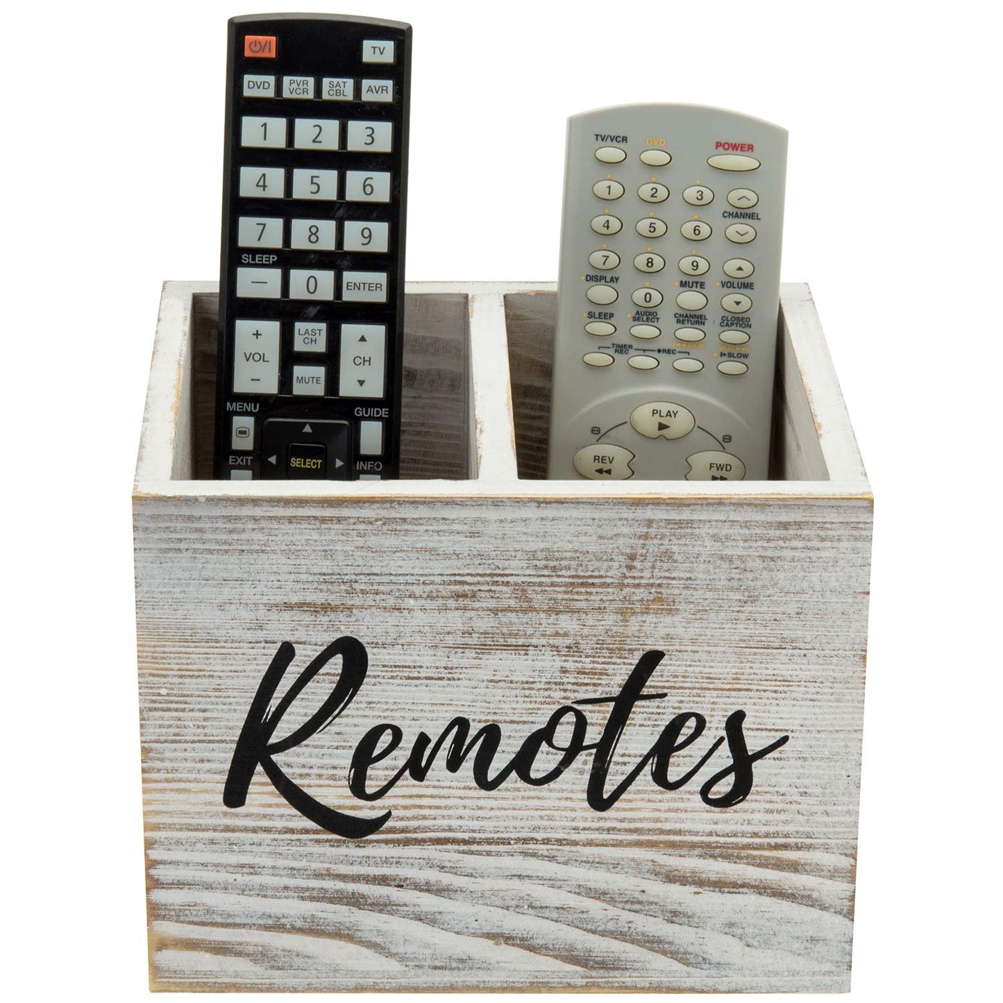 MyGift Remote Control Holder,TV Remote Holder,Wood Remote Caddy for Table,2 Large Compartment,Shabby Whitewashed Solid Wood with Black Cursive Remotes Label