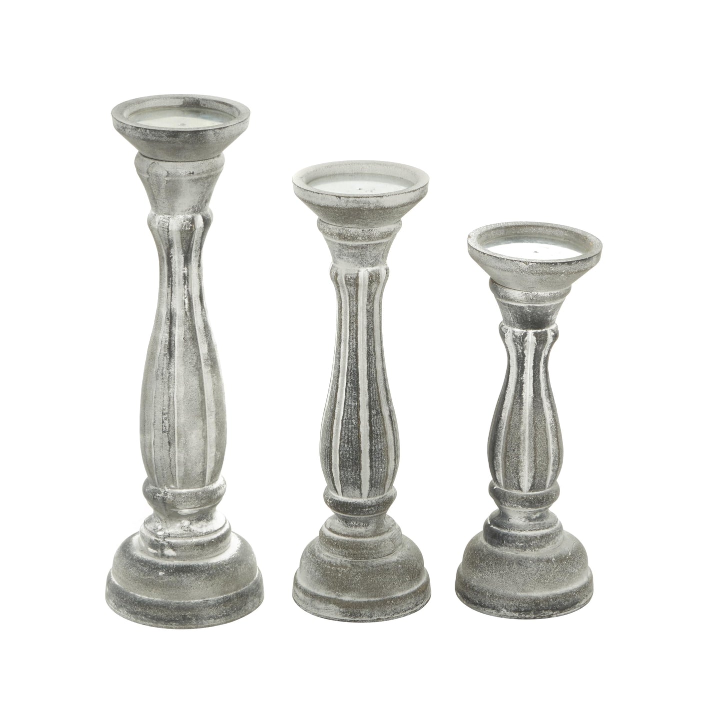 Deco 79 Wooden Decorative Candle Holder Distressed Turned Candle Stand, Set of 3 Candlestick Holder 15", 13", 11"H, Gray