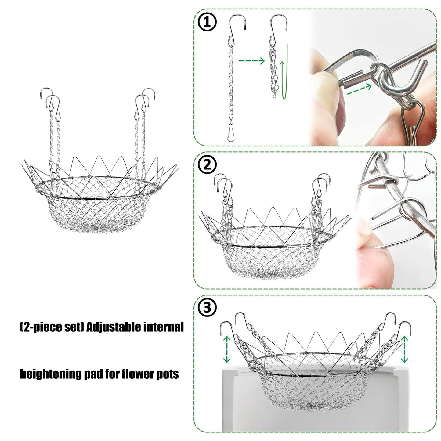 Obotsnoi 2 Pack Adjustable Planter Inserts for Large Receptacles with 12 to 18 Inch Opening Fit and Rust Build Outdoor Container Planner Stainless Steel Plant Elevator