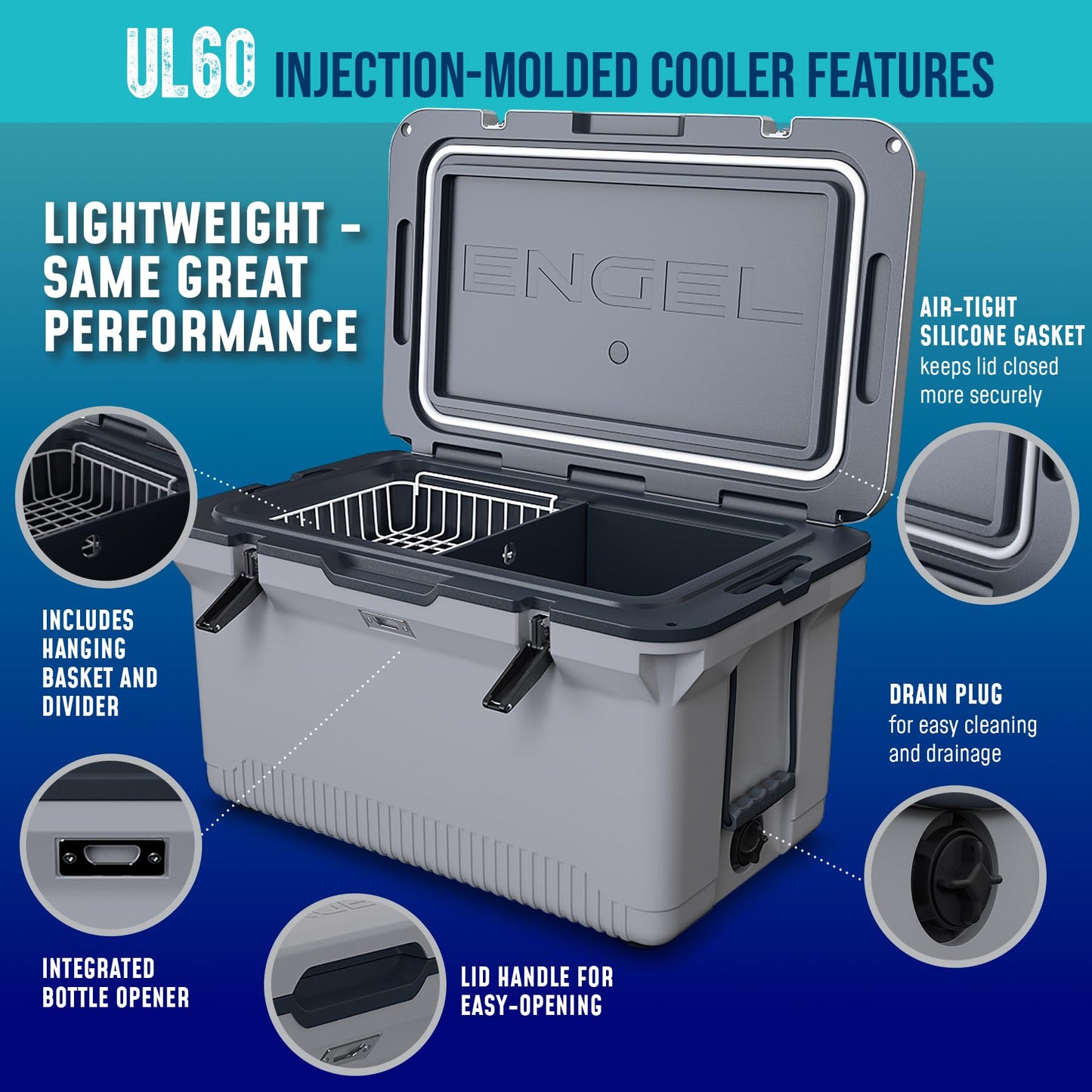 ENGEL 60 QT Ultra-Light Injection Molded Cooler - Ice Chest Keeps Ice up to 7 Days - Large Cooler Includes Wire Basket, Divider and Built-in Bottle Opener - White with Dark Grey Interior (White)