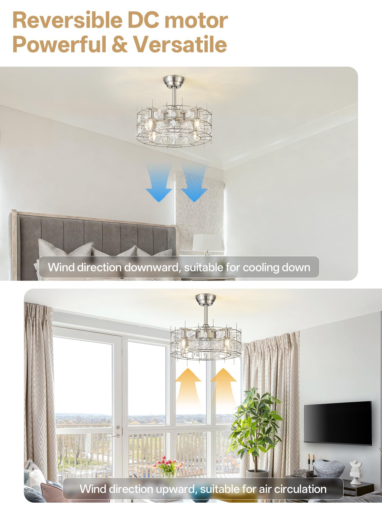 Bexilyny 20” Silver Crystal Chandelier Ceiling Fans, Silver Crystal Fandelier Ceiling Fan with Lights Caged, Remote Control 6 Speed for Living Room, Bedroom, Dining Room