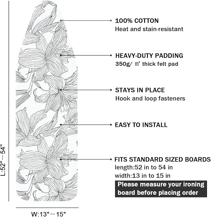 Ironing Board Cover and Pad Standard Size 15" x 54", 3 Pairs of Hook and Loop