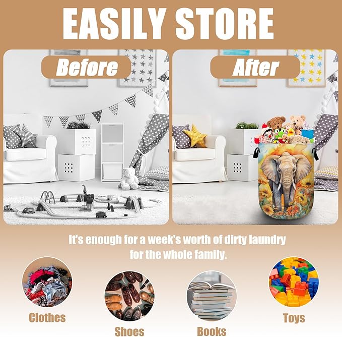 Watercolor Elephant Sunflower Laundry Basket, Foldable Wild Animals Laundry