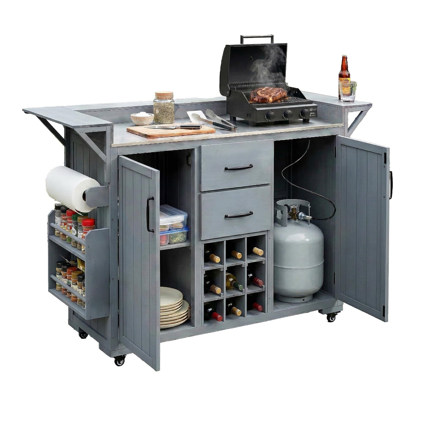 GDFStudio Elhill Patio Kitchen Island Cart with Extendable Top, Wooden Outdoor Storage Cabinet with Stainless Steel BBQ Prep Table Top, Wine Rack, Spice Rack, Drawers and Lockable Wheels, Gray
