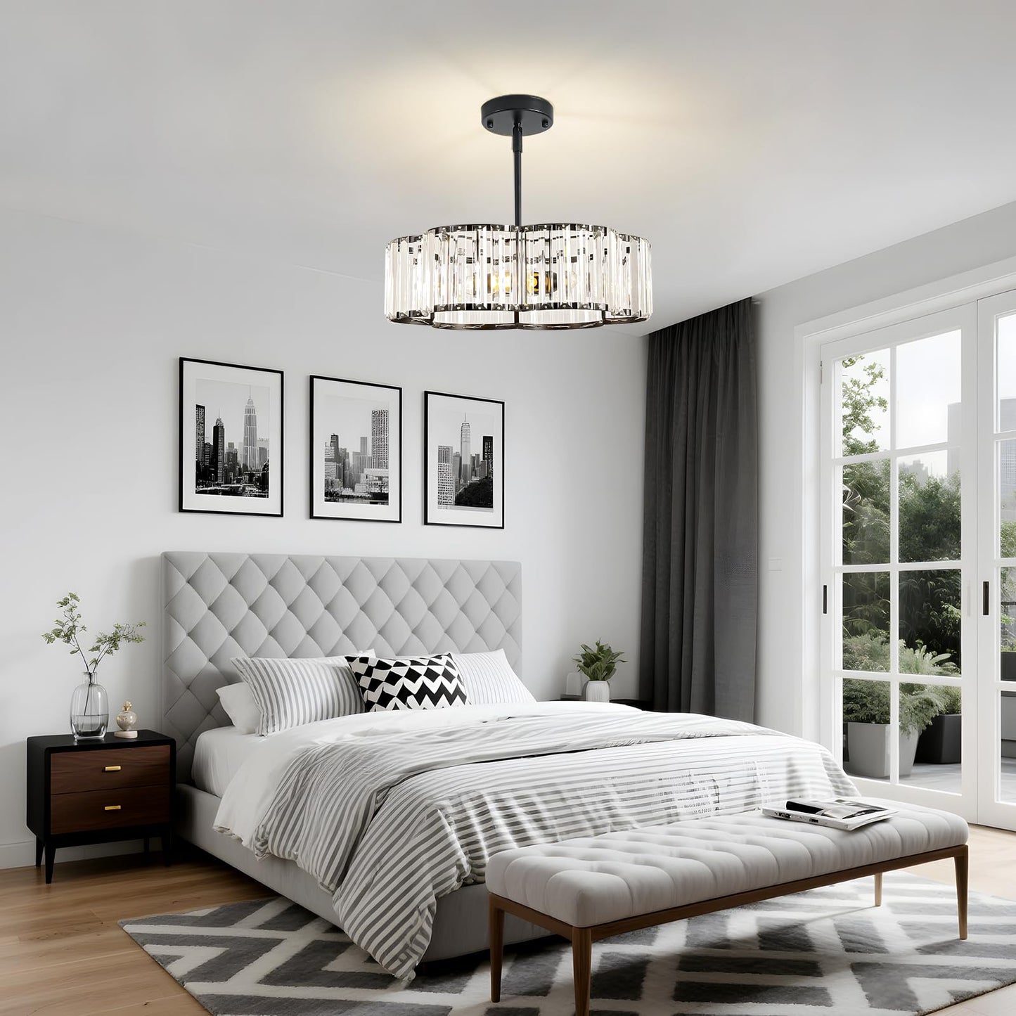 etiruety Modern Black Crystal Semi Flush Mount Ceiling Light Fixtures 16 in