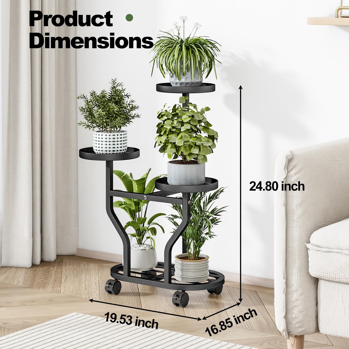 YIZAIJIA Plant Stand with Wheels 3 Tier Metal Plant Holder Corner Flower Shelf for Multiple Plants Display Rack for Bedroom Living Room Balcony Garden Black (Black, 3 Tier)