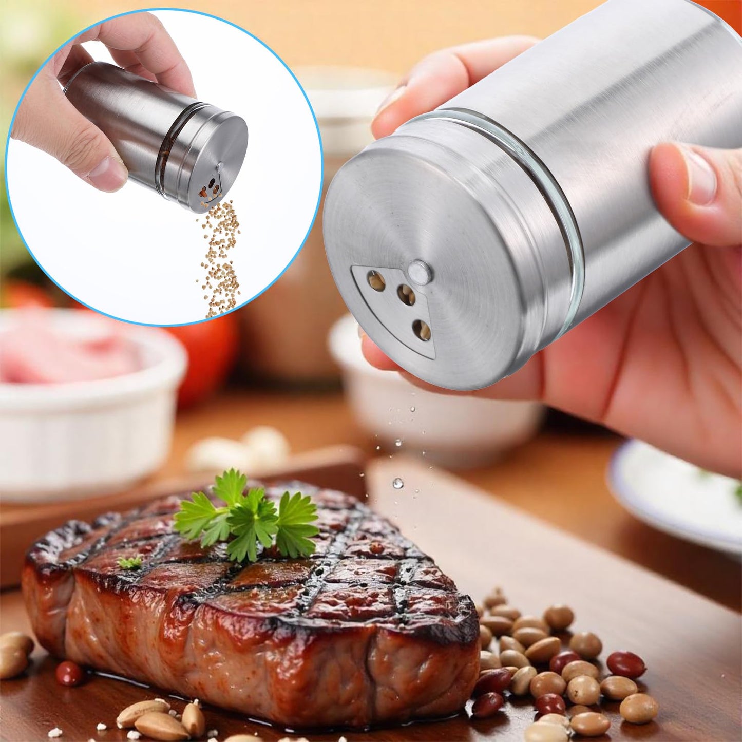 8 Pcs Premium Stainless Steel Salt and Pepper Shakers Set – Salt and Pepper Shakers,Stainless Steel Shaker for Salt Powder Sugar Cinnamon Pepper, Spice Dispenser with Adjustable Pour Holes, Silver
