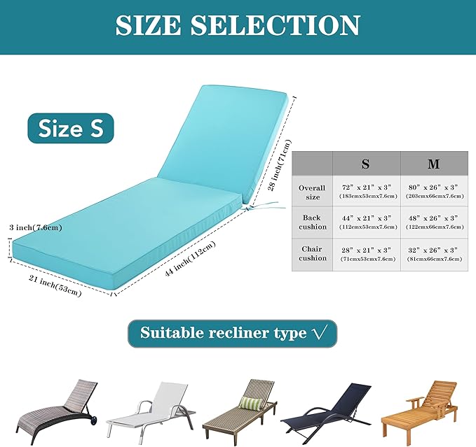 Chaise Lounge Cushion Outdoor, Waterproof and Stain-Resistant Lounge Deck