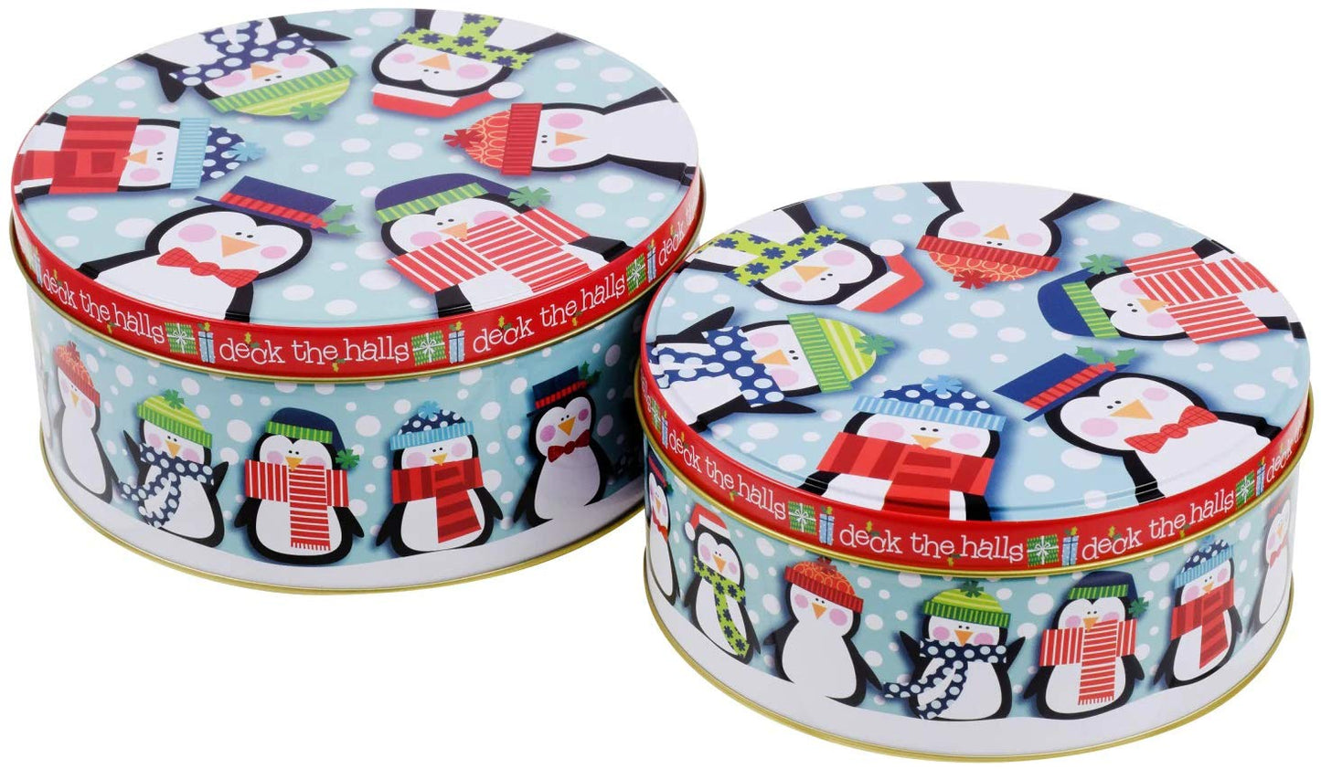 Round Nesting Tins With Holiday Print Designs Bundle of 2 Round Metal Tins with Lids for Cookies, Candy, Food Presents - 1- 6 and 3/4 Inches and 1- 6 inches Diameter