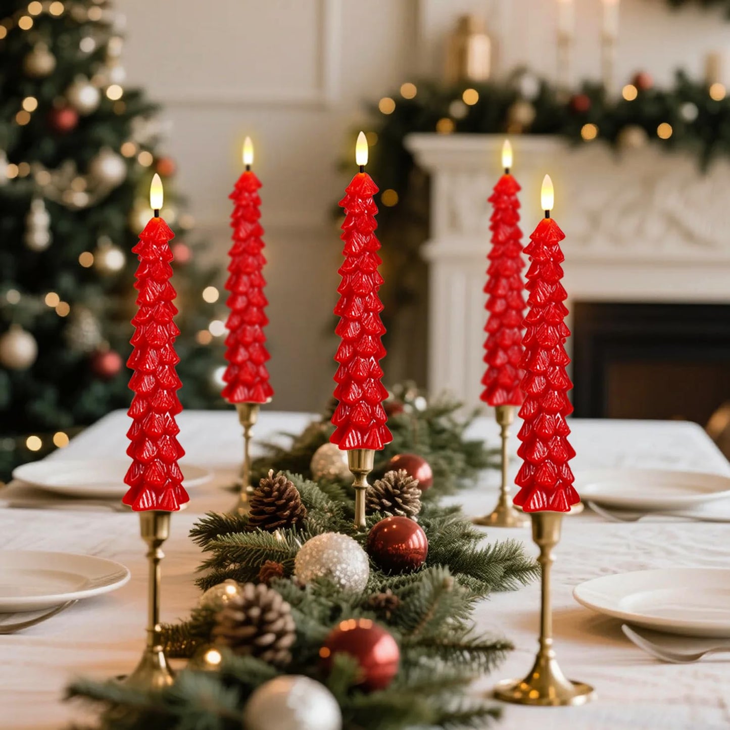 KunSwenn Christmas Tree Candles Battery Operated, Red Christmas Flameless Taper Candles with Remote Timer, Set of 3 Waxy 9.8 Inch LED Tree Candlesticks for Xmas Home Holiday Window Winter Decor
