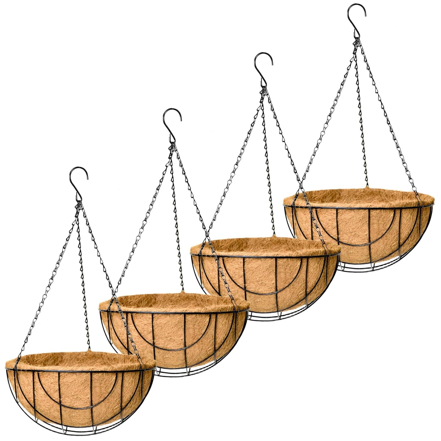 EIMQUVW Outdoor Metal Hanging Planters Basket (4pack, 14 inch) Hanging Baskets for Plants Chain Round Wire Plant Holder with Coco Fiber Liners for Garden, Patio, Deck, Porch(Grid)