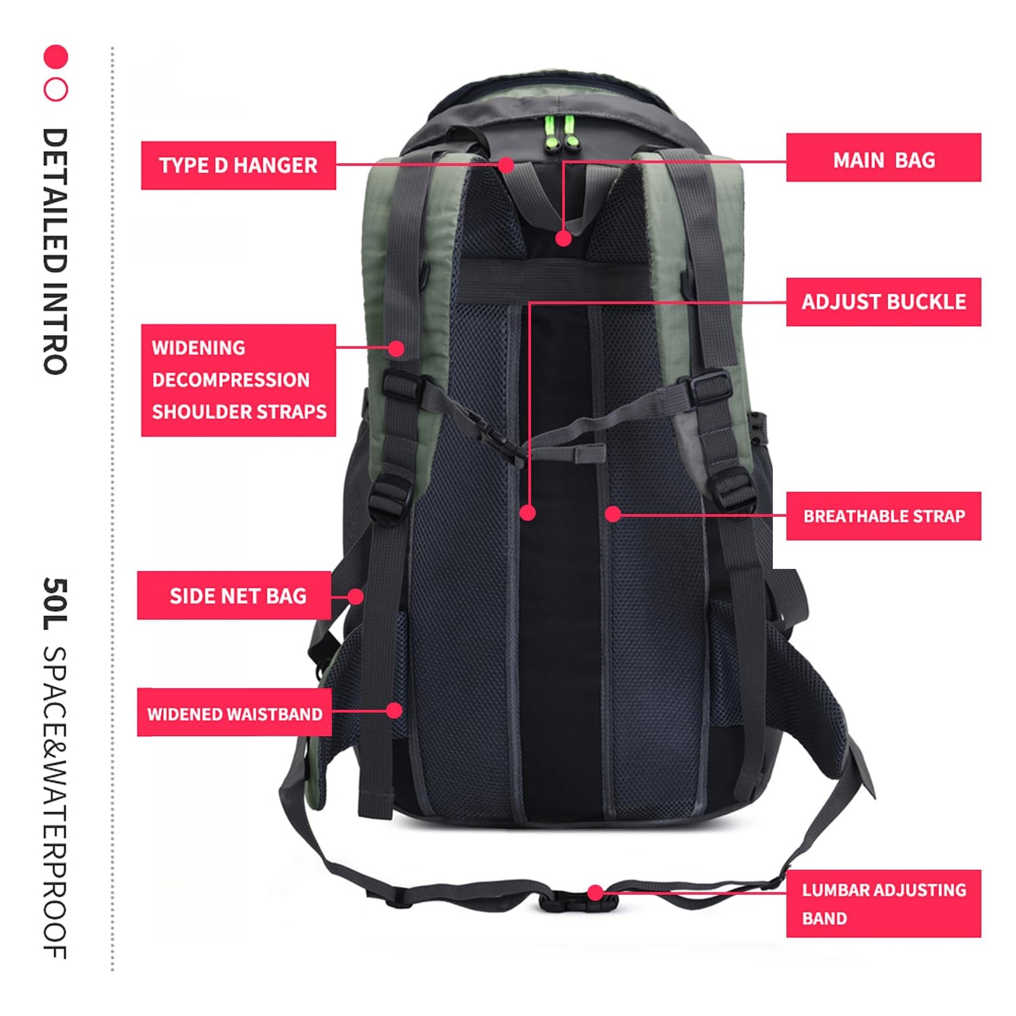 Bseash 50L Hiking Backpack, Water Resistant Lightweight Outdoor Sport Daypack Travel Bag for Camping Climbing Touring (Army Green - With Shoe Compartment)