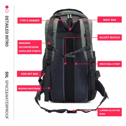 Bseash 50L Hiking Backpack, Water Resistant Lightweight Outdoor Sport Daypack Travel Bag for Camping Climbing Touring (Army Green - With Shoe Compartment)
