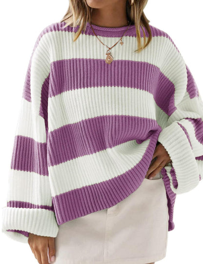 ZESICA Women's 2025 Fall Long Sleeve Oversized Striped Color Block Comfy Loose Crew Neck Knitted Pullover Sweater
