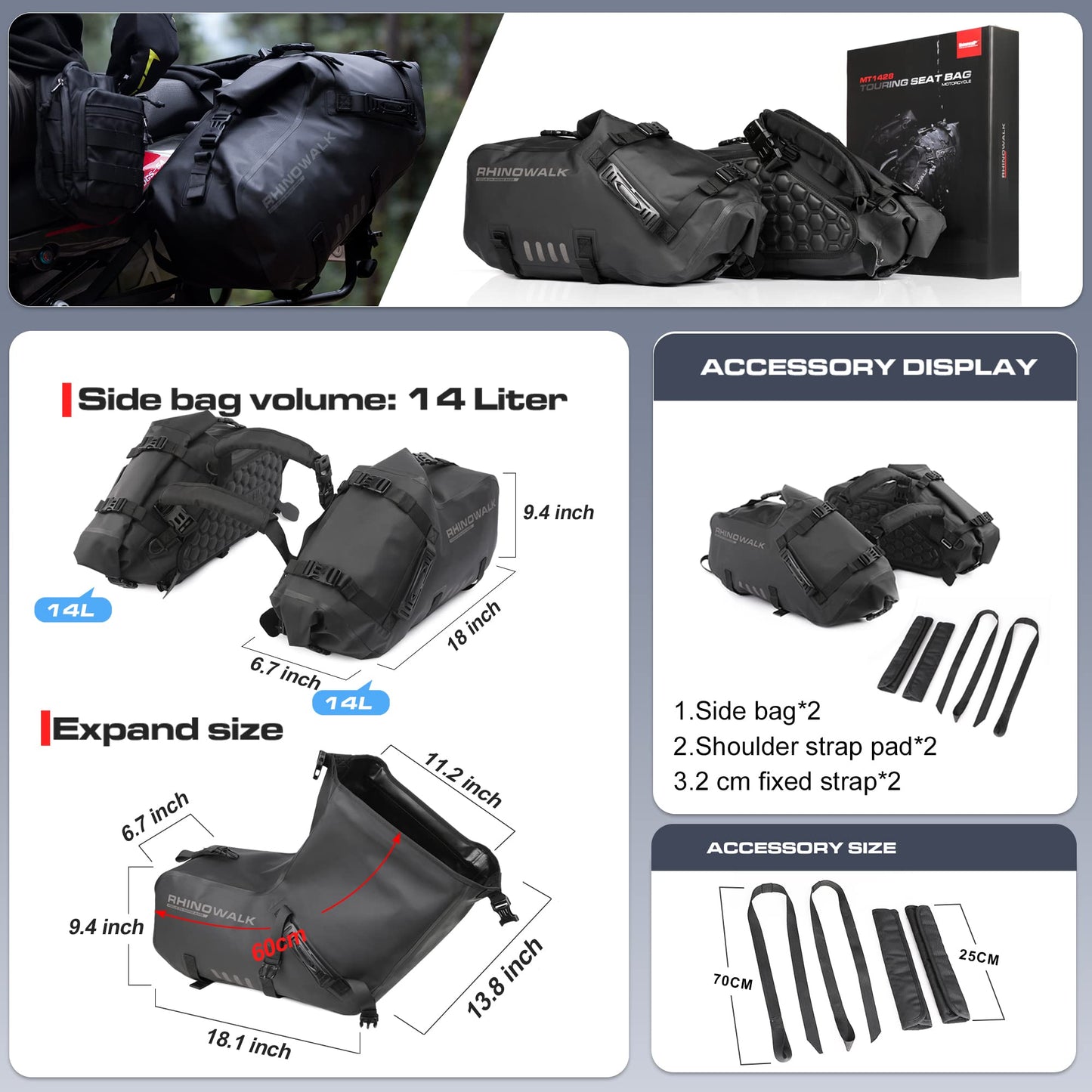 Rhinowalk Motorcycle Saddlebags 28L(14L*2) Waterproof Motorbike Side Bags, Travel Luggage Panniers with Shoulder Strap for Adventure & Sport Motorcycle Racks, 1 Pair