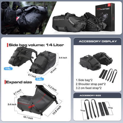 Rhinowalk Motorcycle Saddlebags 28L(14L*2) Waterproof Motorbike Side Bags, Travel Luggage Panniers with Shoulder Strap for Adventure & Sport Motorcycle Racks, 1 Pair