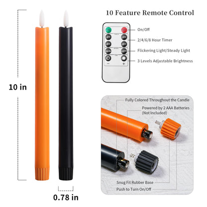 Stmarry Orange and Black Flameless Taper Candles with Remote - 10 Inch LED Candlesticks Flickering, Realistic 3D Flame with Wick, Warm White Light, Home Halloween Decor, Timer - Set of 6
