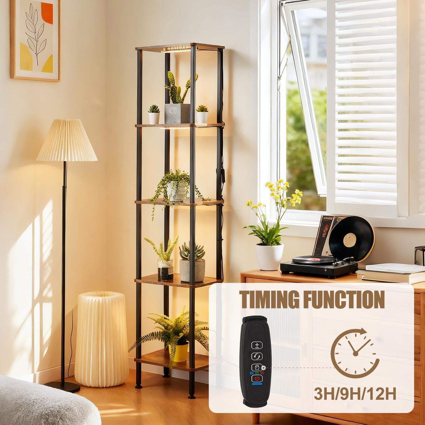 Bailoch Indoor Plant Stand with LED Grow Lights, 64" Tall Corner Lighted Plant Shelf, 5-Tier Metal Frame, Wood Shelves, Flower Clearance Display Stands Cabinet for Living Room, Balcony, Office, Black
