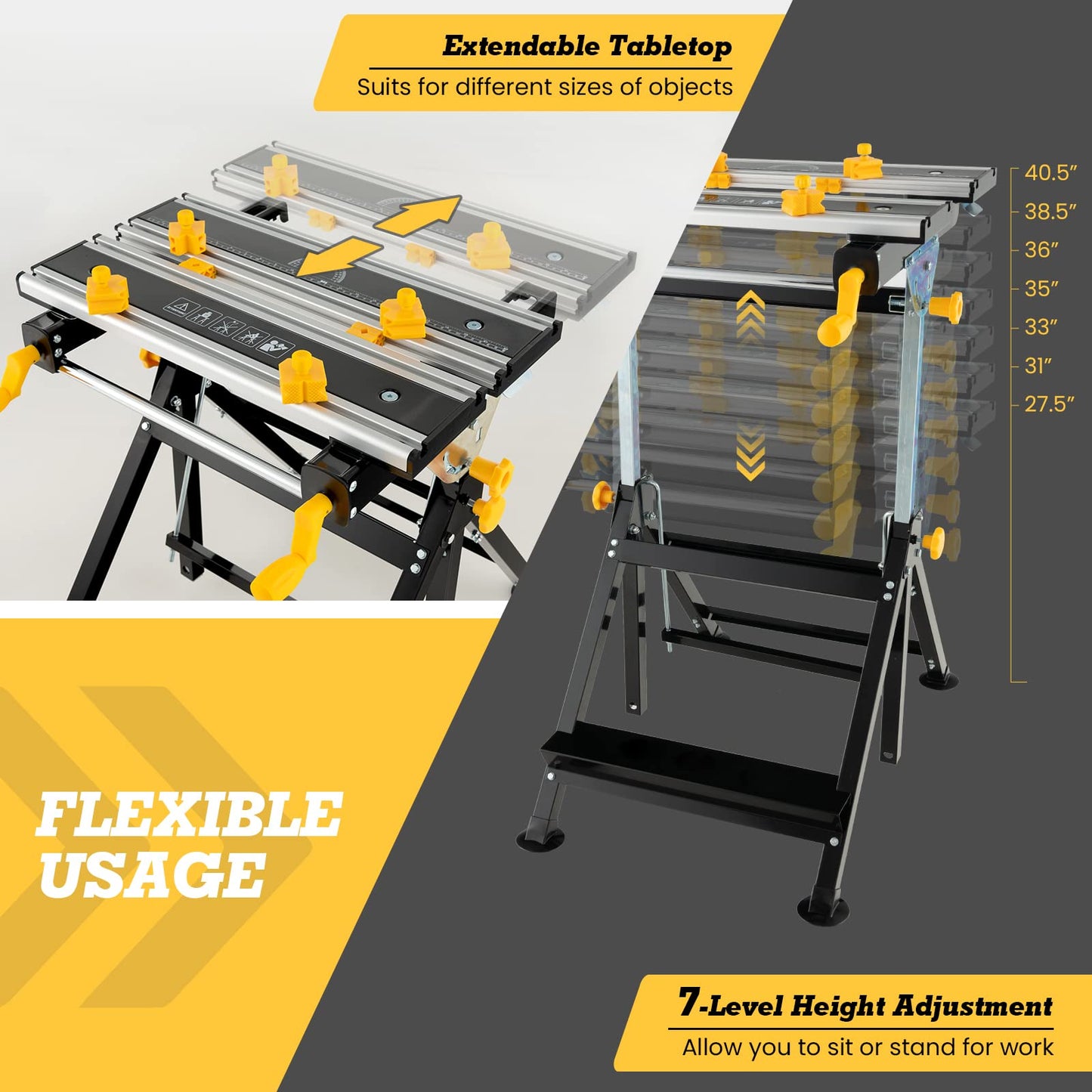 Toolsempire Portable Workbench, Folding Work Bench and Vise with 2 Rotary Handles, 7-Level Adjustable Height, 8 Sliding Clamps, Tiltable & Extendable Tabletop, Workbench Table for Garage, Workshop