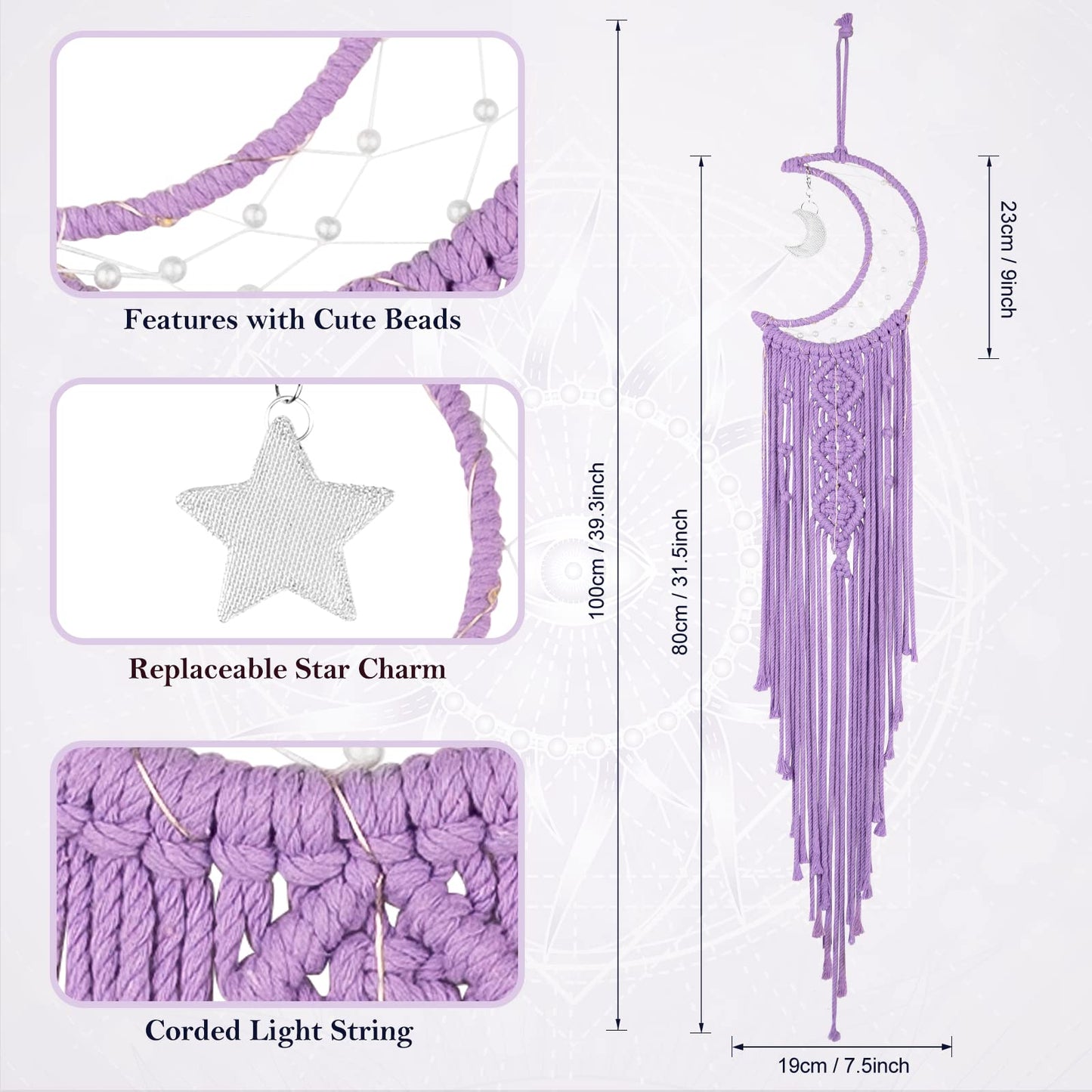 Macrame Moon Dream Catcher for Girl, Purple Boho Crescent Dreamcatcher for Bedroom, Handmade Nursery Room Wall Hanging with Star Pendant for Teen Boy, Bohemian Home Decoration Idea