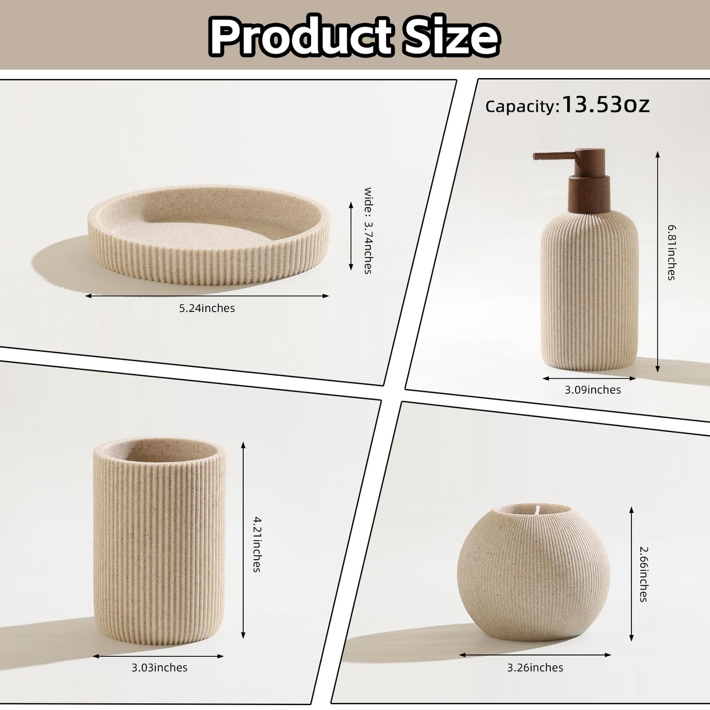 WUUAHOME Bathroom Accessories Set, 5 PCS Sandstone Look Stripe Modern Bath Organizer with Soap Dispenser, Toothbrush Holder, Tumbler, Soap Dish, Candle Holder for Countertop Kitchen Sink (Beige)