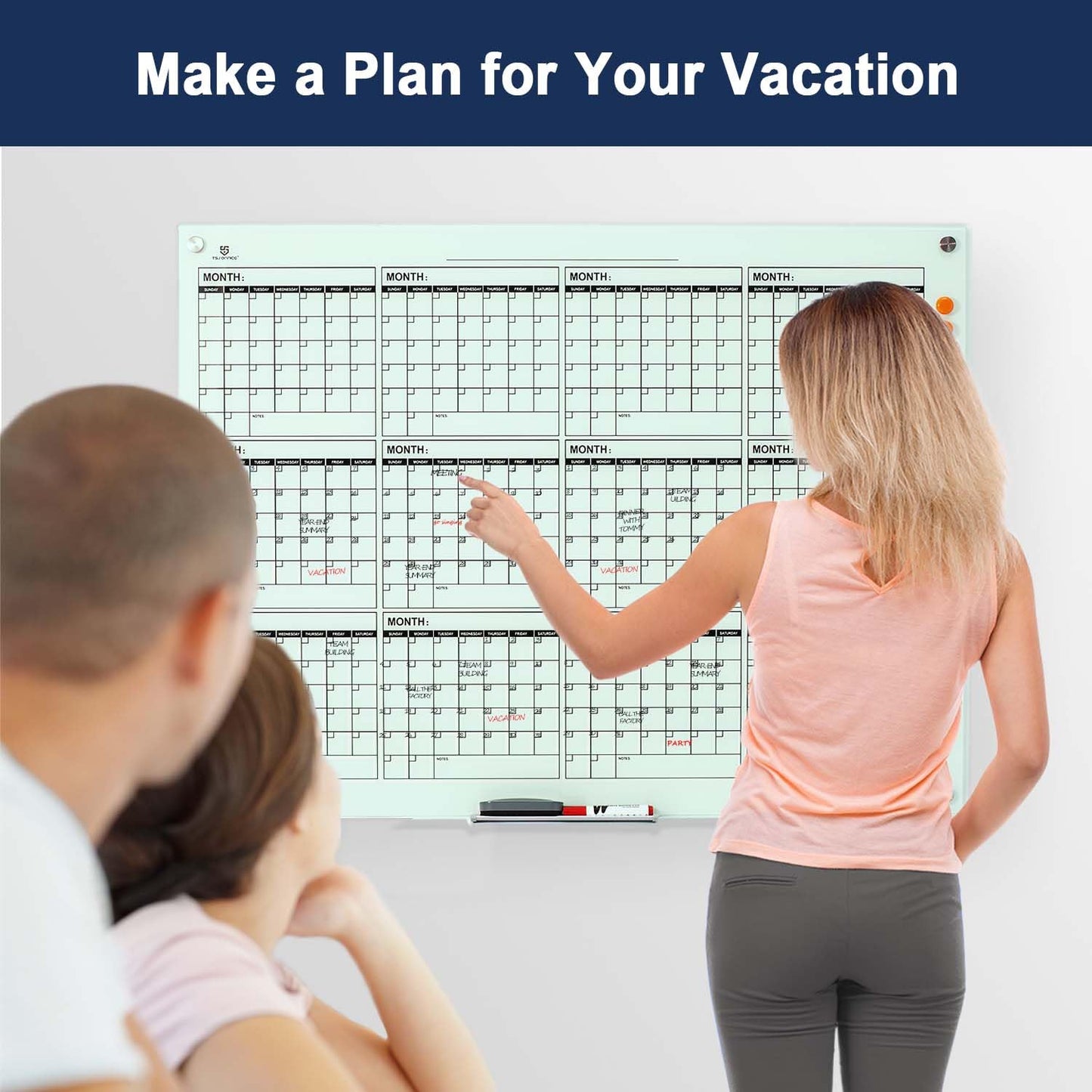 TSJ OFFICE Glass Calendar Whiteboard - 48 x 36 Inches Wall Mounted Yearly Calendar Dry Erase Board, Large Magnetic Glass White Board for Office, Home & School